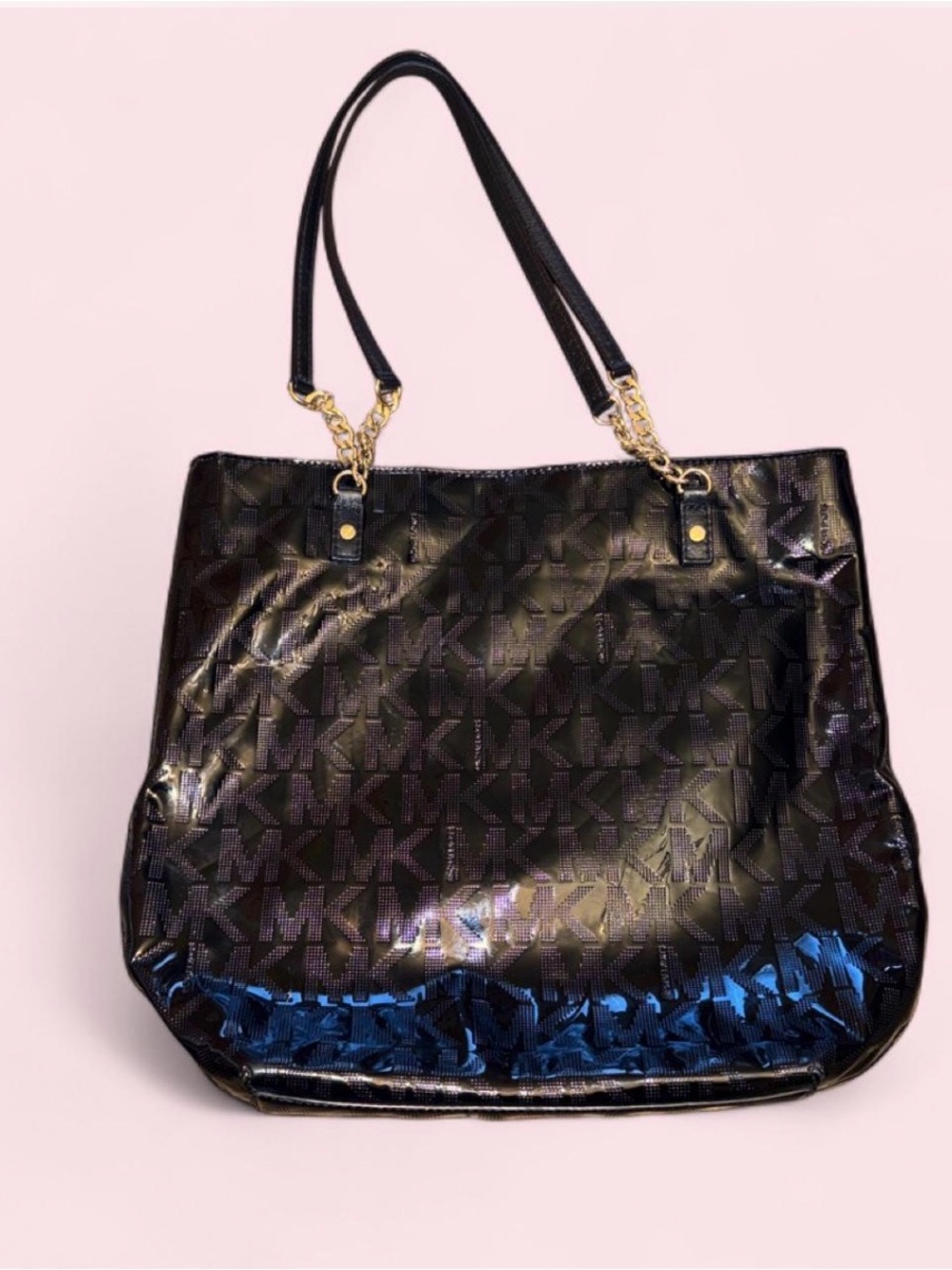 Michael Kors Black Patent MK Logo Tote with Gold Chain Accents - Picture 2 of 6